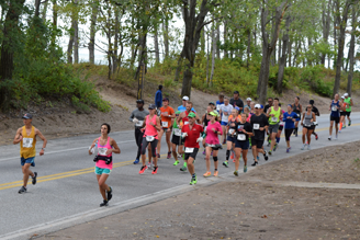Race participants attempt to qualify for the Boston Marathon at the Erie Marathon on Presque Isle State Park near Erie, PA .